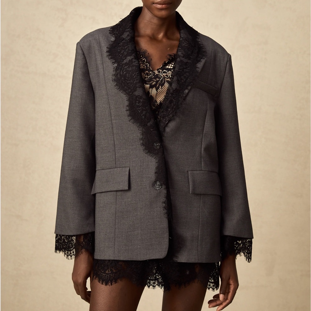 Miss Rosier | Dianthe Black Lace Panel Gray Blazer Dress NWT Size Small